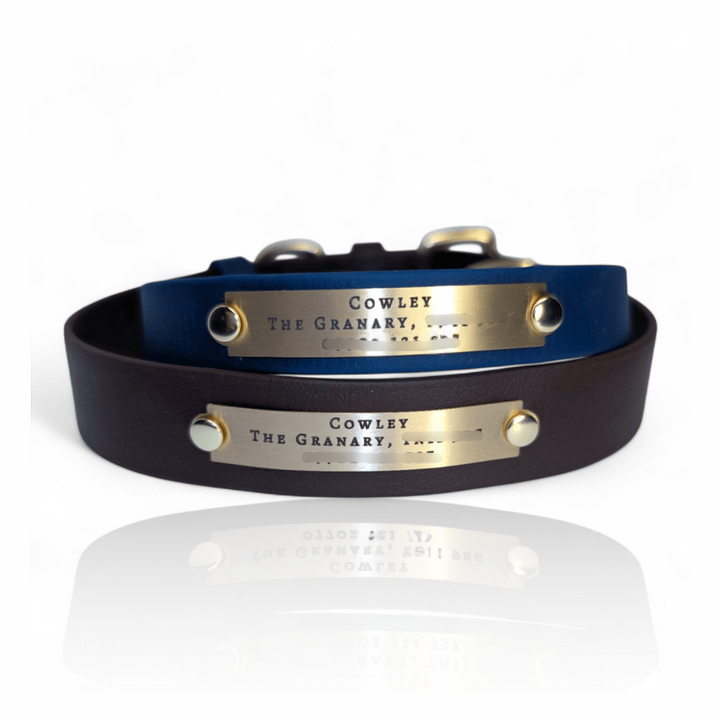 Engraved brass nameplates fitted to two dark dog collars
