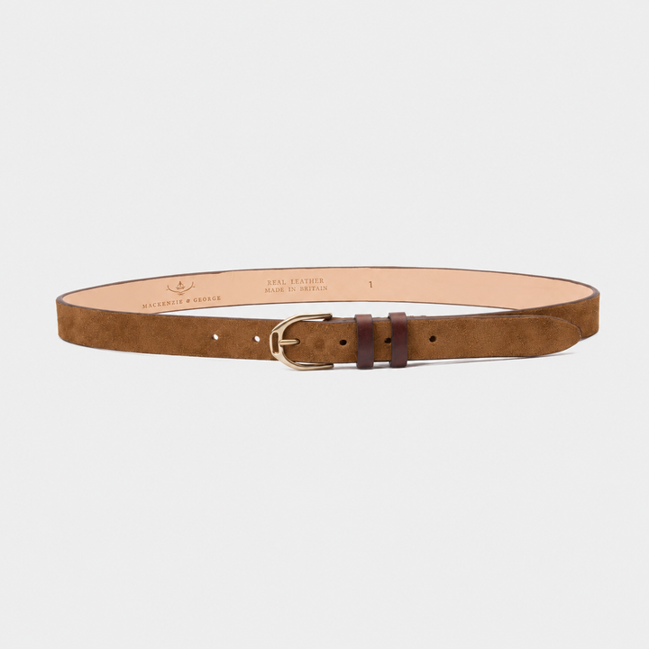 Clifton Skinny tan suede belt with brown keepers