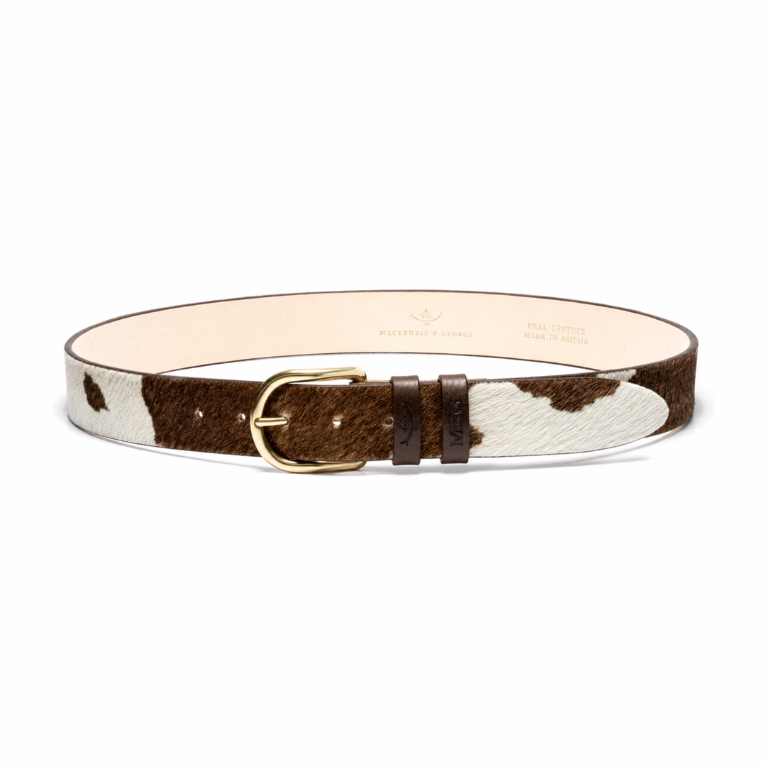 Ledbury brown-and-white hair-on-hide belt with gold-tone buckle