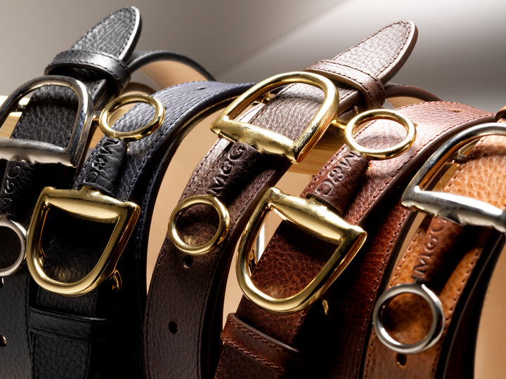Windsor belts showing a selection of leather colours and buckle finishes