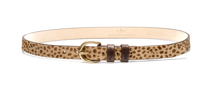 A leopard-print leather belt with a tan base and dark brown spots, featuring a gold-tone metal buckle and a dark brown leather keeper, displayed on a clean white background.