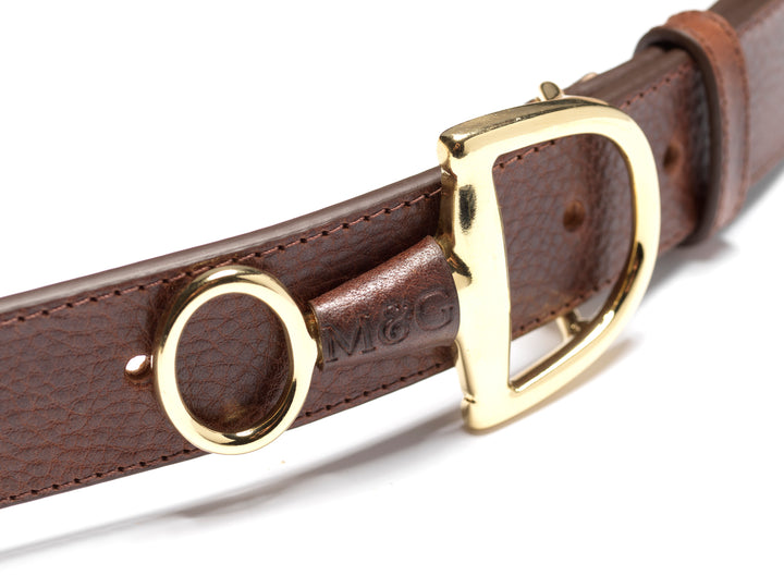 Windsor brown leather buckle and ring detail, angled view