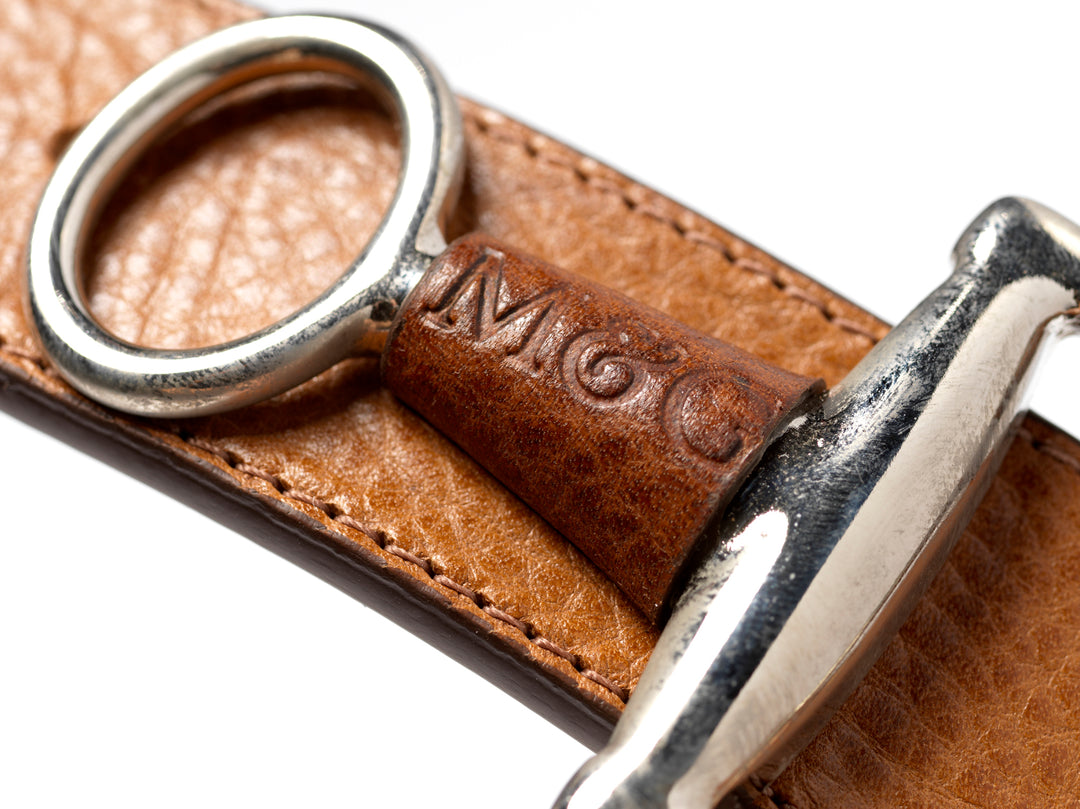Windsor tan leather keeper with silver-tone ring, close-up