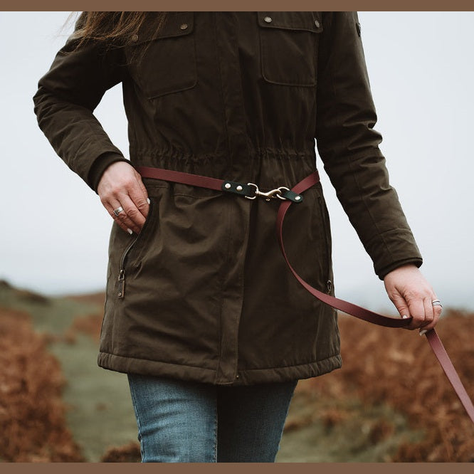Biothane multi-way lead worn around the waist, front detail