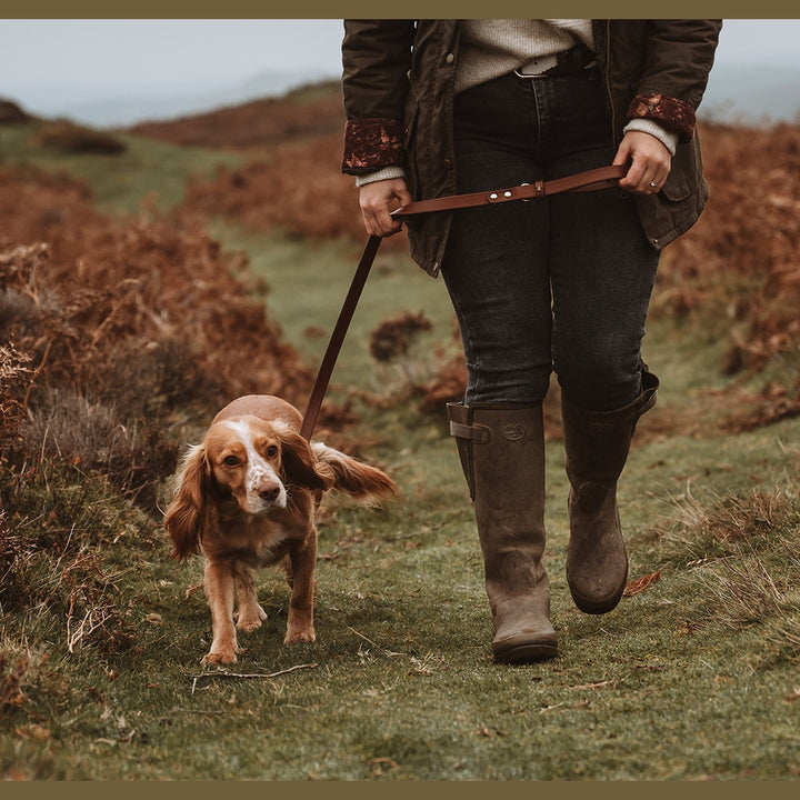 Handler walking a spaniel on a brown leather lead