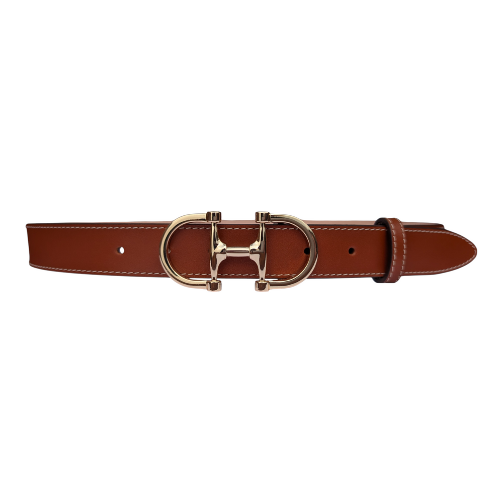 Dublin chestnut leather belt with double-ring gold-tone buckle