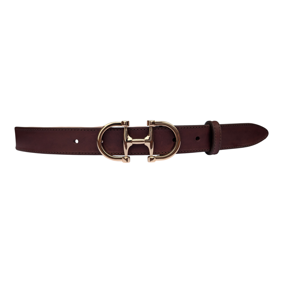 Dublin brown leather belt laid flat to show the buckle
