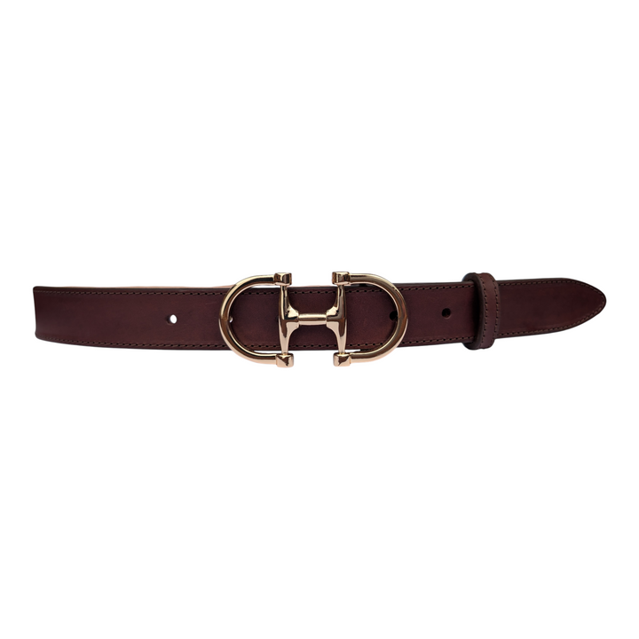 Dublin brown leather belt laid flat to show the buckle