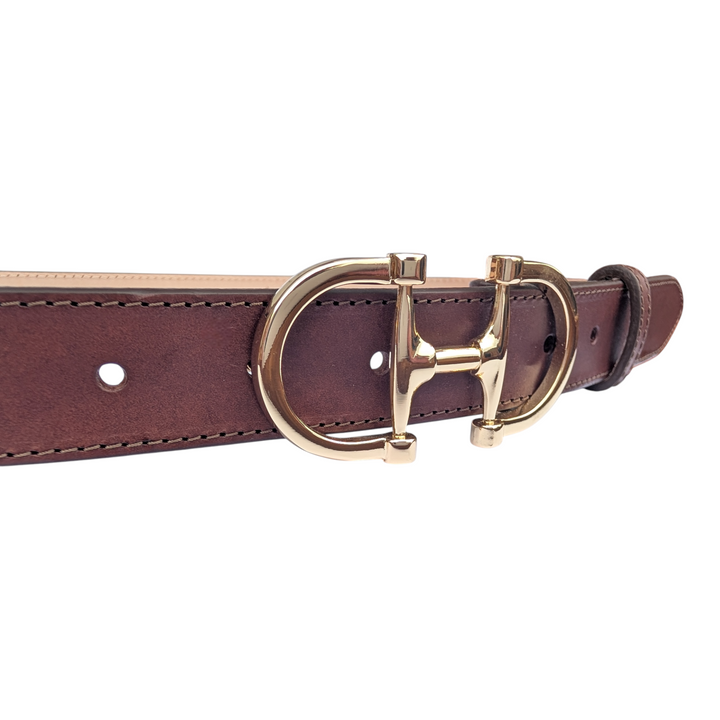 Close-up of the Dublin brown leather belt buckle and stitching