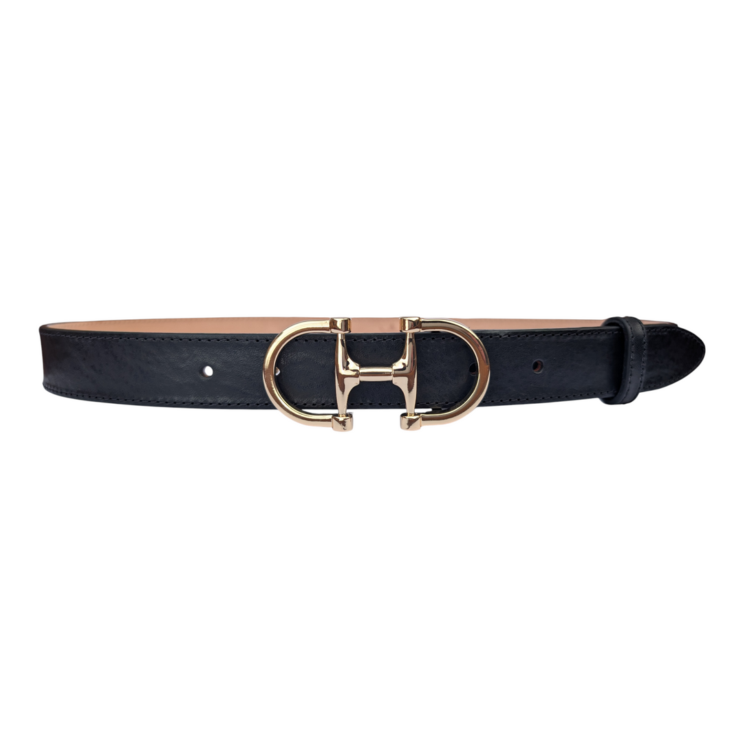 Dublin black leather belt with double-ring gold-tone buckle