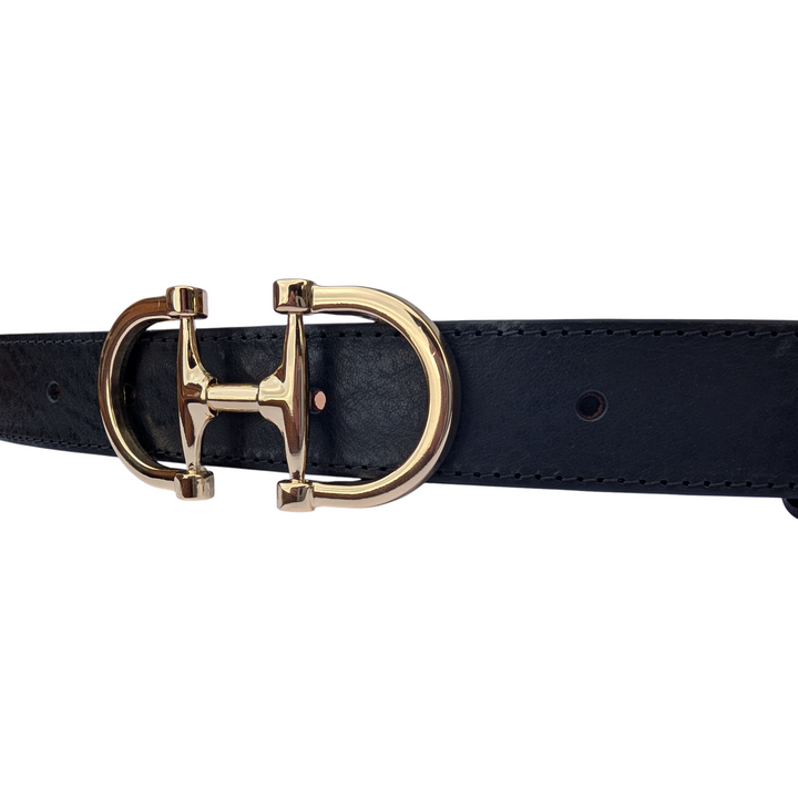 Close-up of the Dublin black leather belt buckle