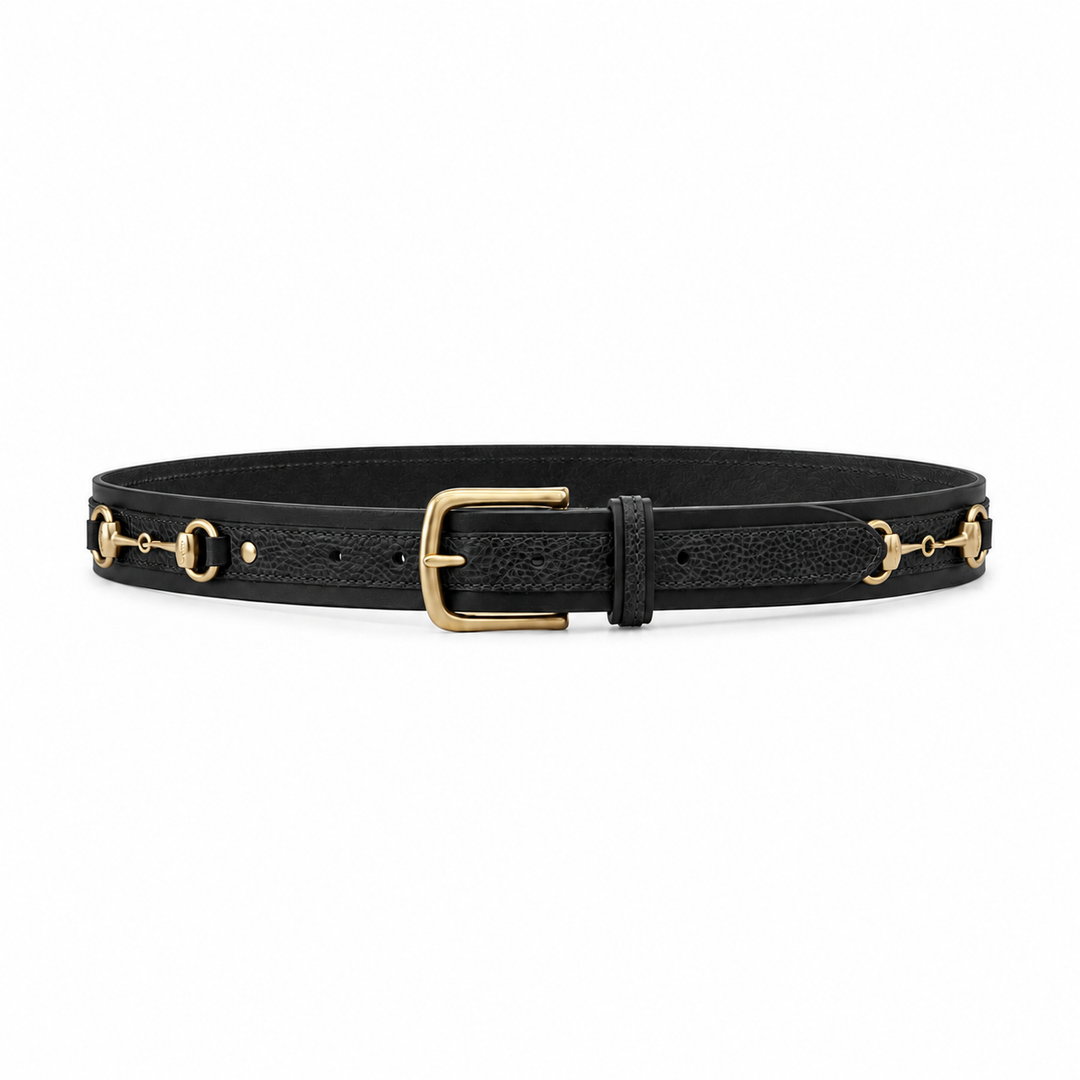 Beaufort black leather belt with brass buckle and snaffle fittings, front view