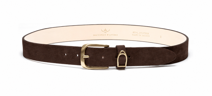 Chatsworth chocolate suede belt, front view