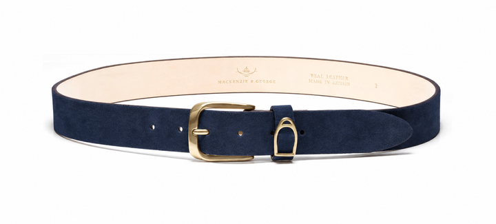 Chatsworth navy suede belt, front view
