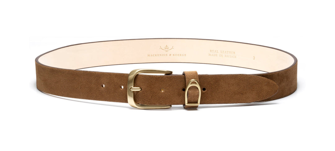 Chatsworth tan suede belt, front view