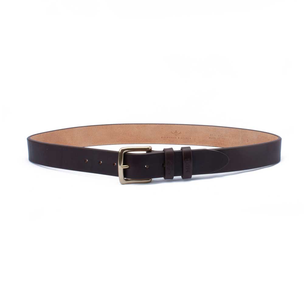 Chester dark oak-bark bridle leather belt, front view