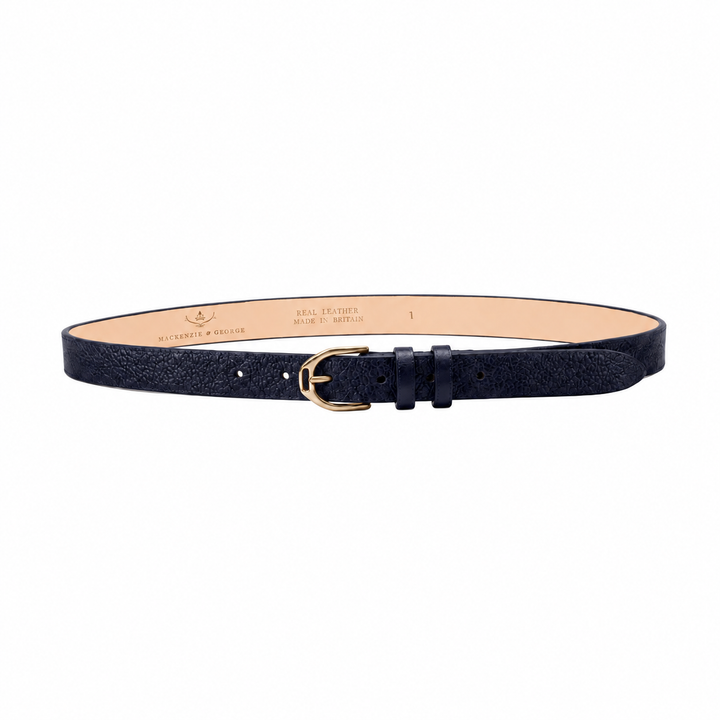 Clifton Skinny navy leather belt with brass buckle, front view
