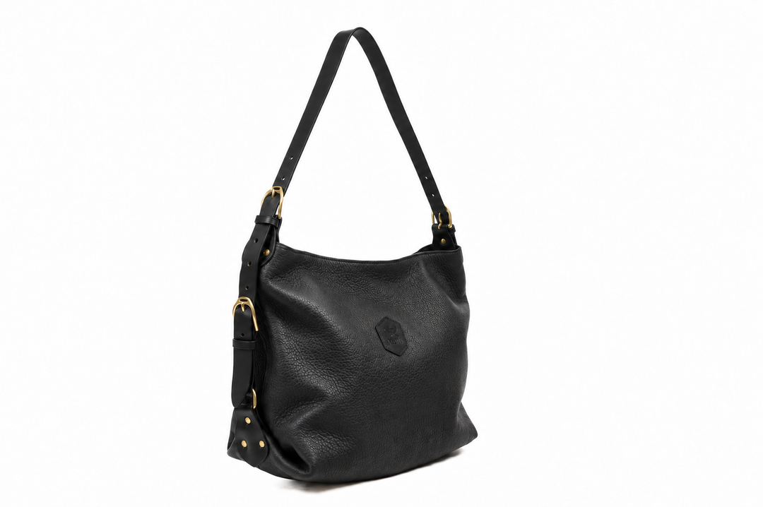 Clifton Tote in black tumbled leather with brass hardware