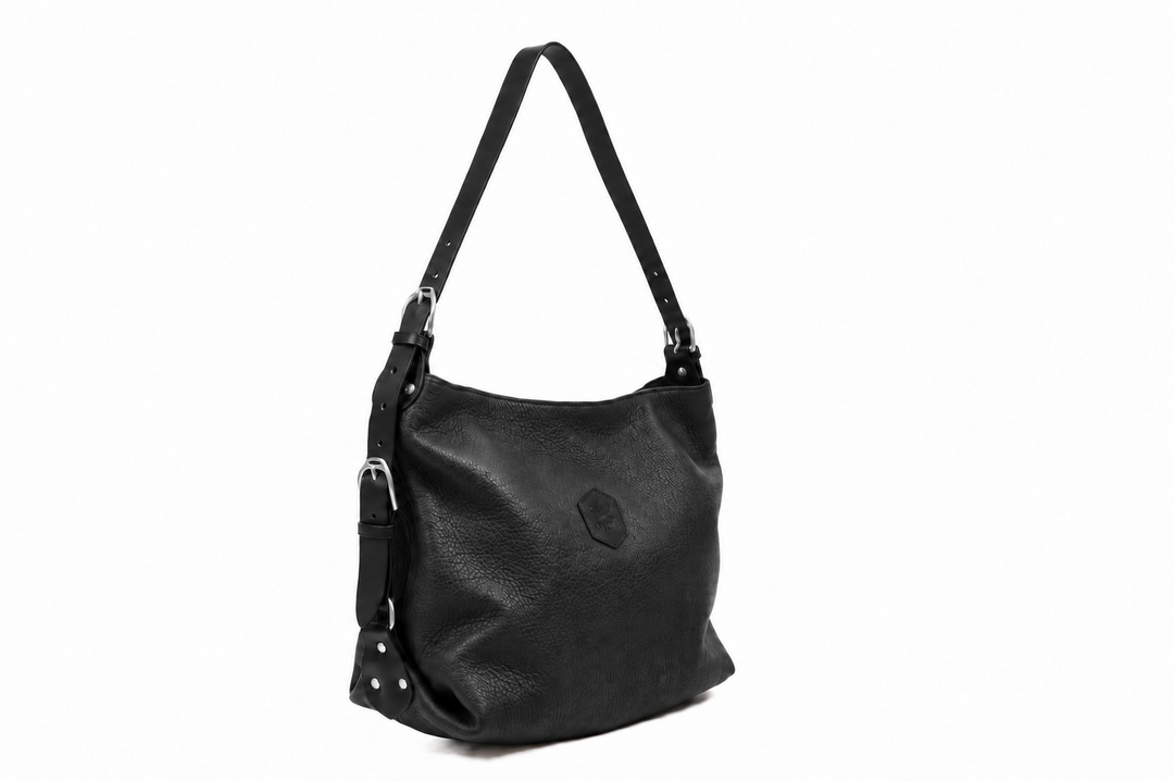 Clifton Tote in black tumbled leather with silver hardware