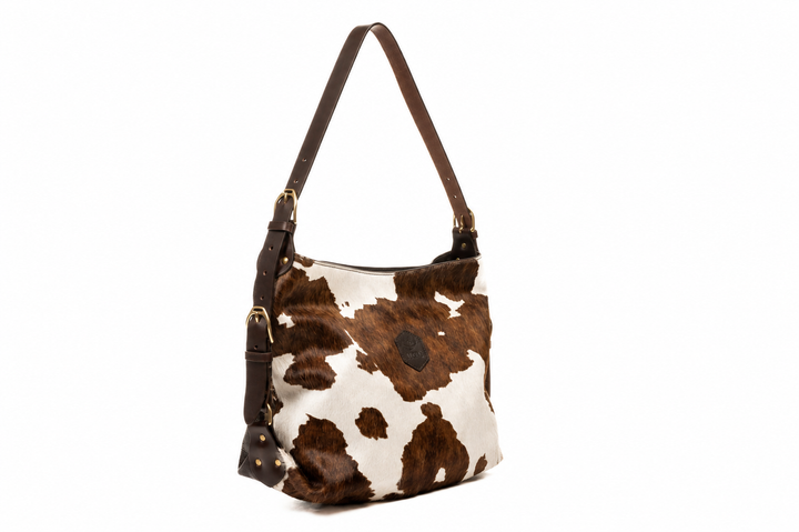 Clifton Tote in brown and white hair-on-hide with brass hardware