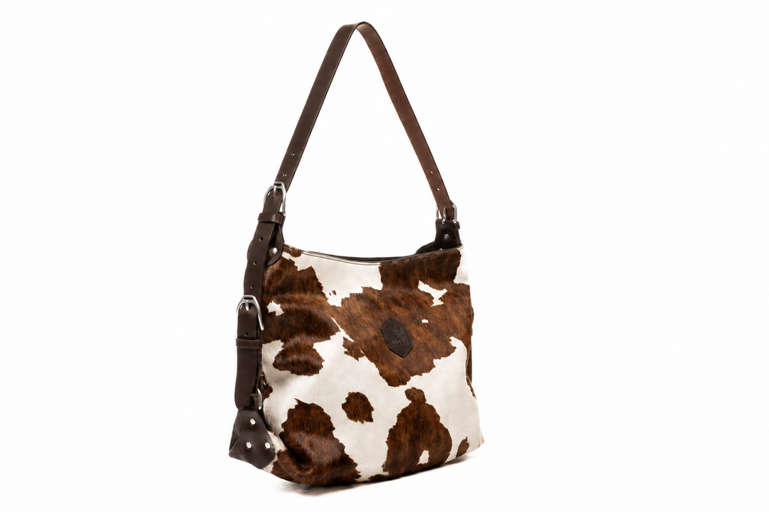 Clifton Tote in brown and white hair-on-hide with silver hardware