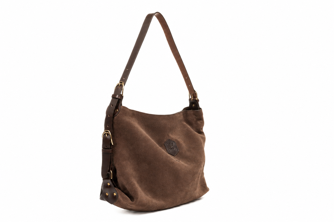 Clifton Tote in chocolate suede and mocha leather with brass hardware
