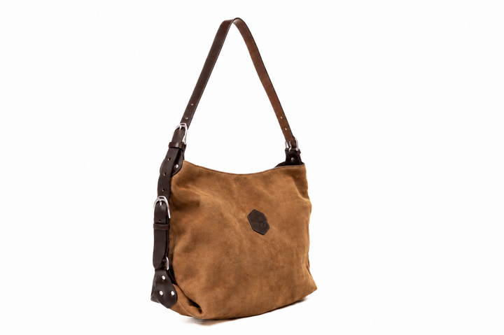Clifton Tote in tan suede and mocha leather with silver hardware