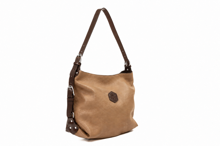 Clifton Tote in toffee and mocha leather with silver hardware