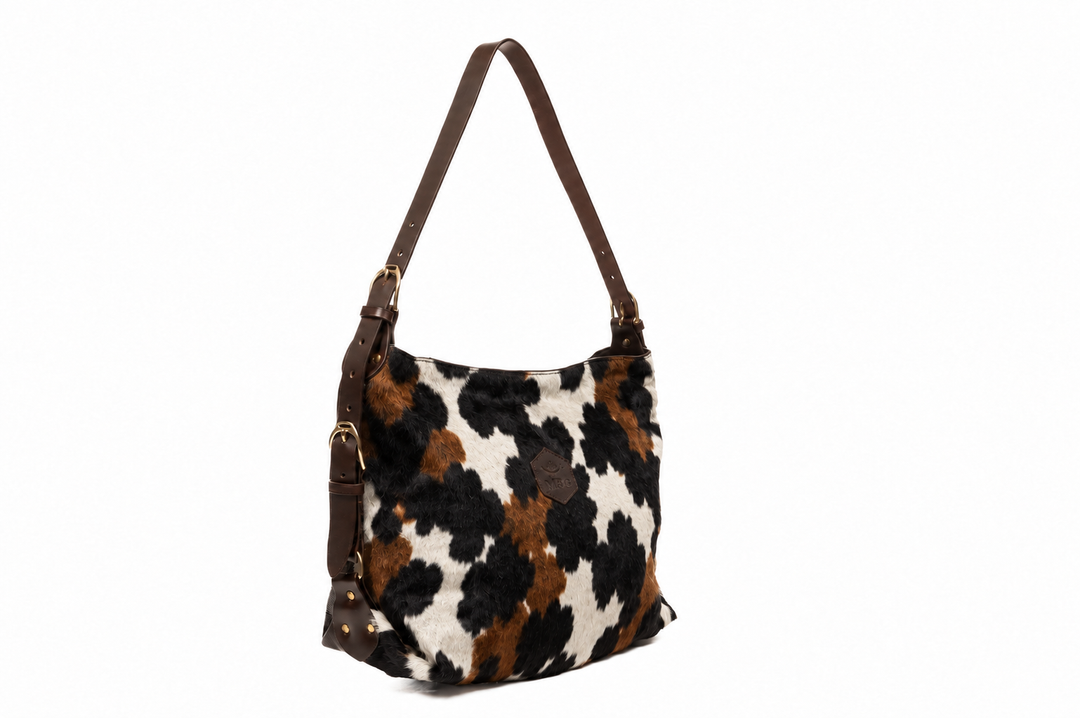 Clifton Tote in black, white and reddish brown tri-colour hide with brass hardware