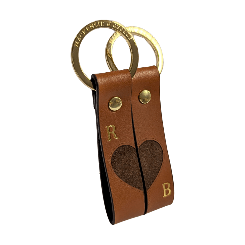Tan couples leather keyrings with heart design and initials