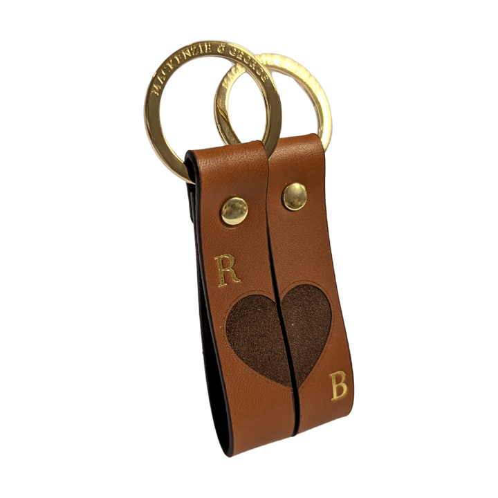 Tan couples leather keyrings with heart design and initials