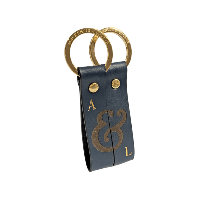 Blue couples leather keyrings with ampersand design and initials