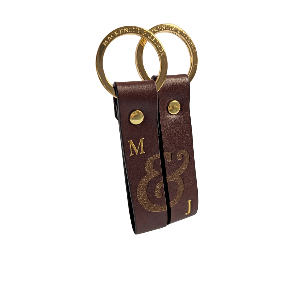 Dark brown couples leather keyrings with ampersand design and initials
