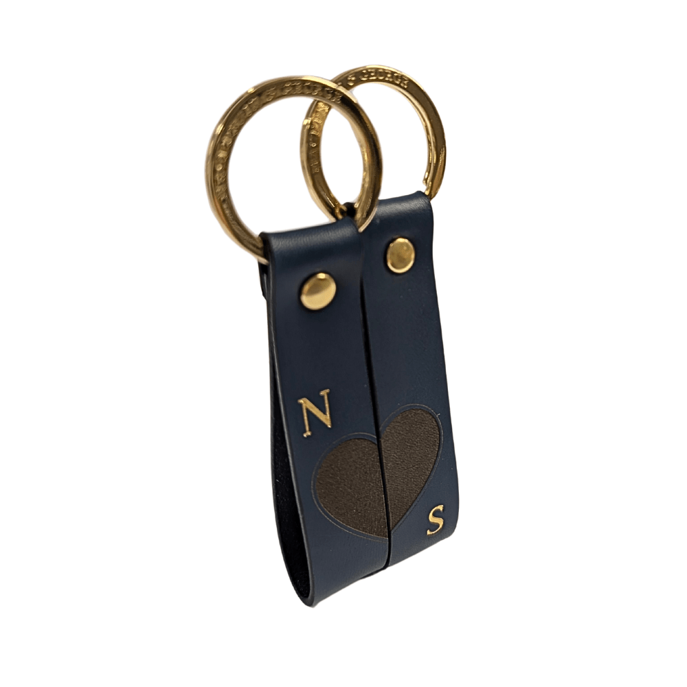 Blue couples leather keyrings with heart design and initials