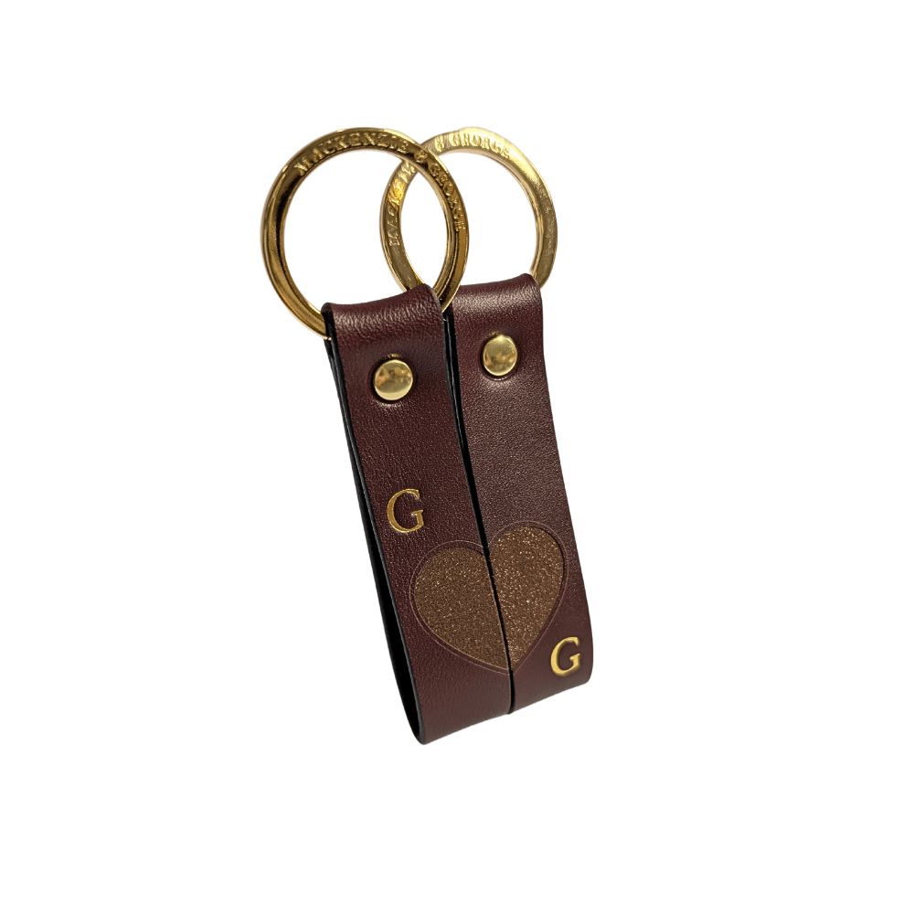 Dark brown couples leather keyrings with heart design and initials