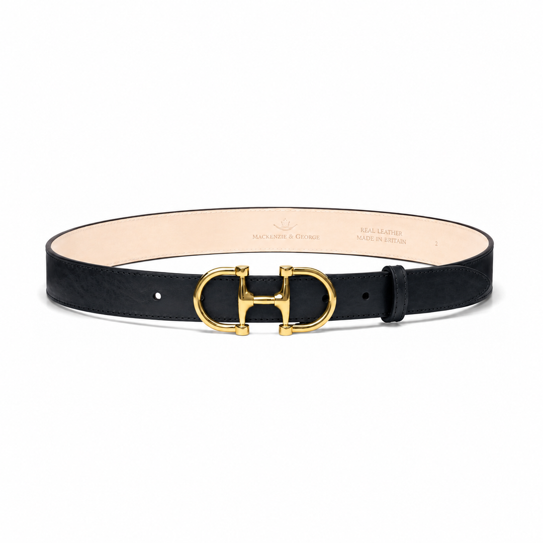 Dublin black leather belt with brass horse-bit buckle, front view