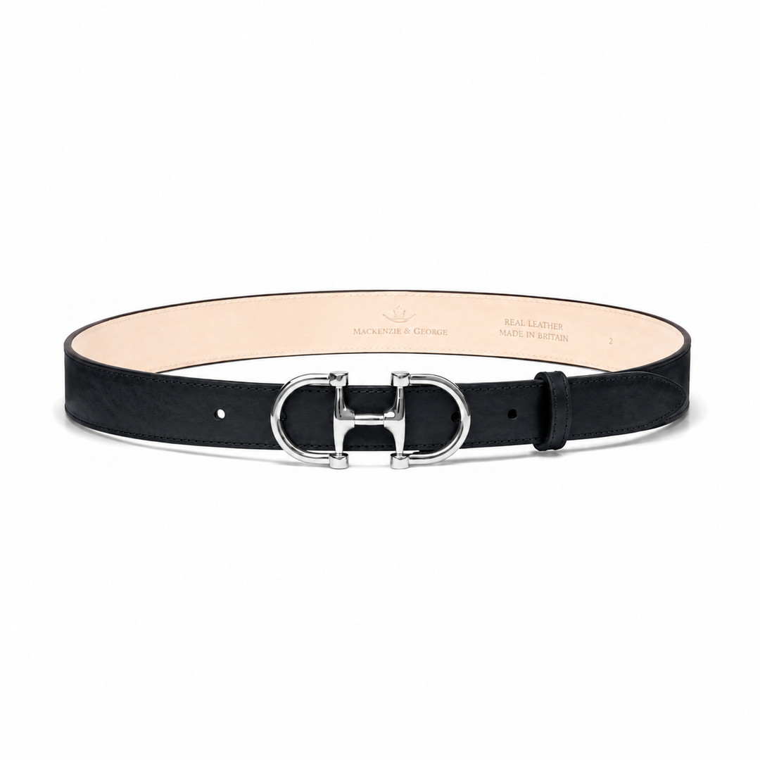 Dublin black leather belt with silver horse-bit buckle, front view
