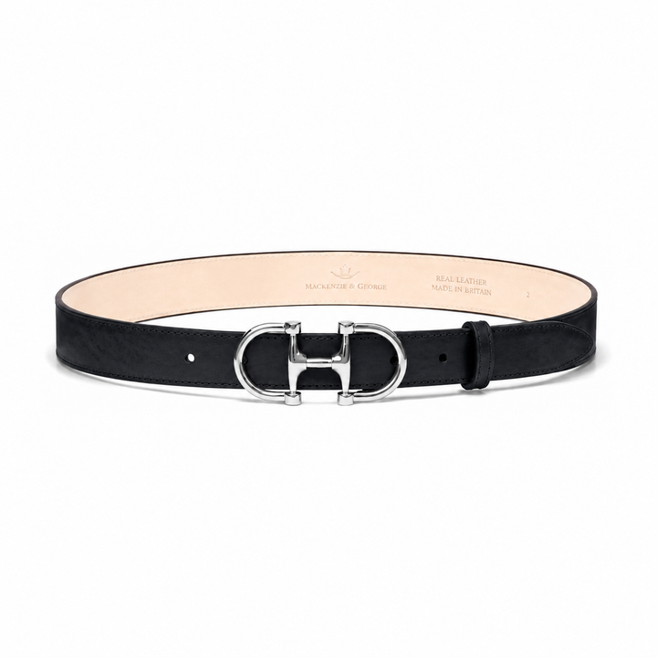 Dublin black leather belt with silver horse-bit buckle, front view