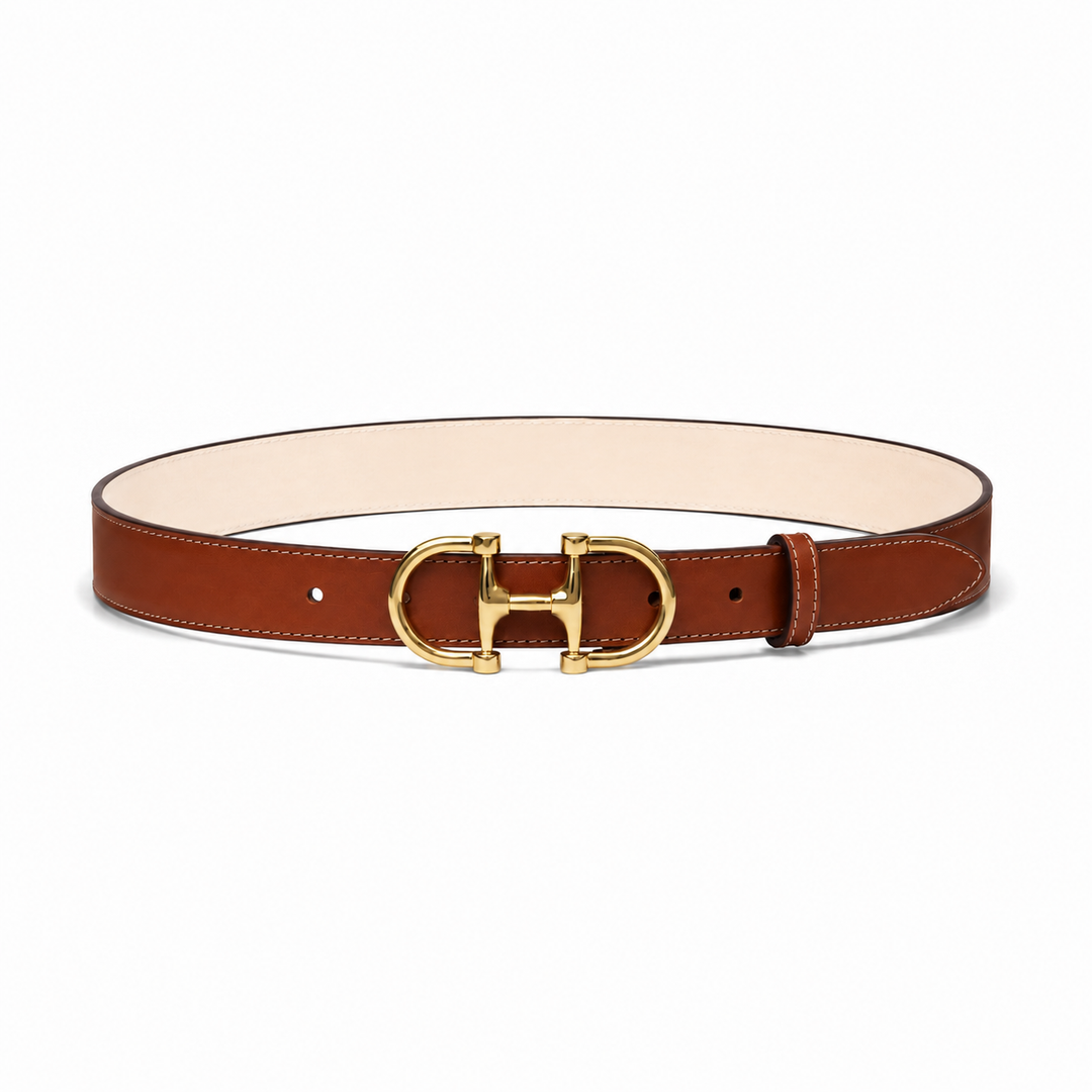 Dublin tan leather belt with brass horse-bit buckle, front view