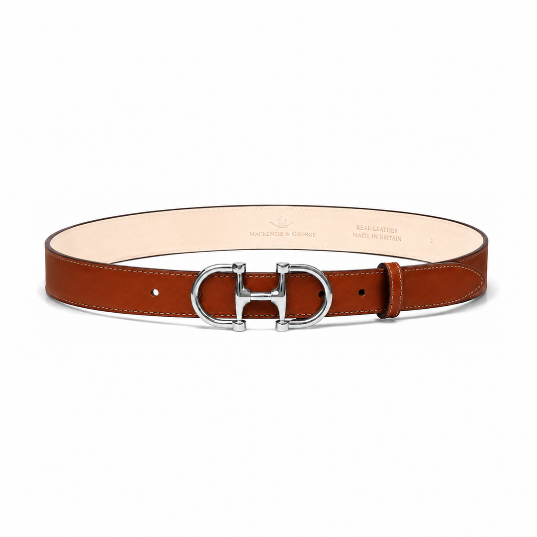 Dublin tan leather belt with silver horse-bit buckle, front view