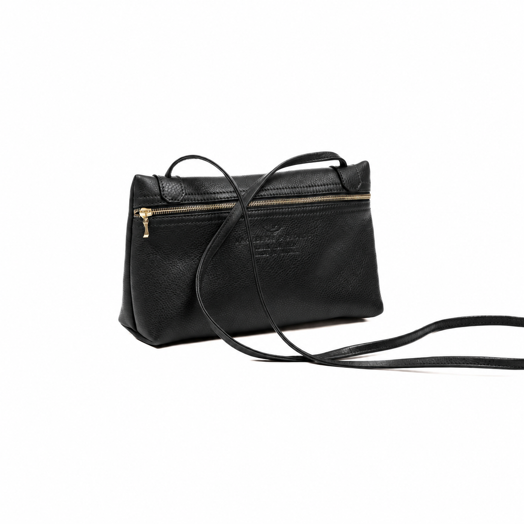 Eversley crossbody in black pebbled leather, rear view