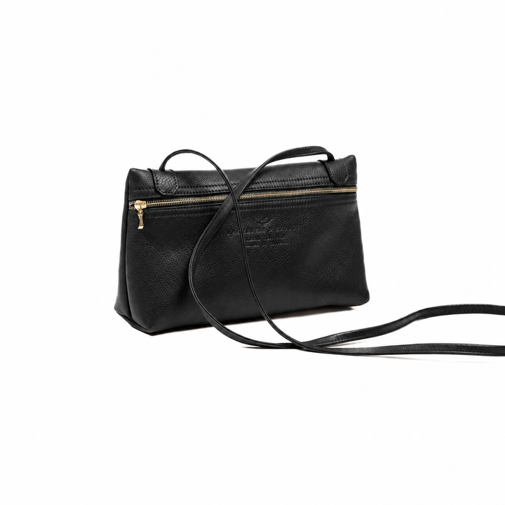 Eversley crossbody in black pebbled leather, rear view