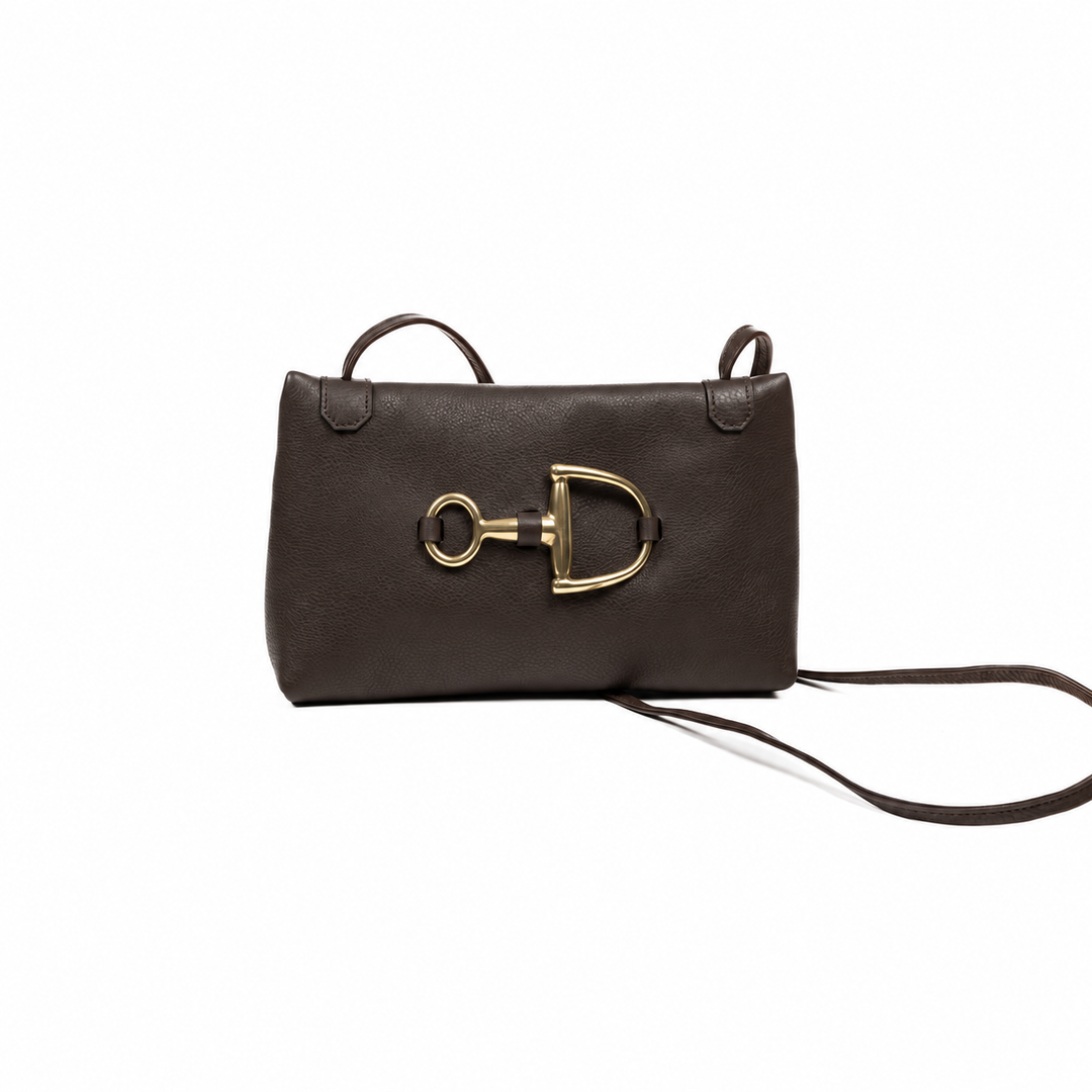 Eversley crossbody in dark brown pebbled leather, front view