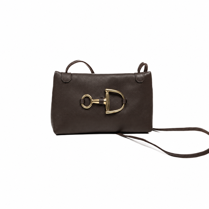Eversley crossbody in dark brown pebbled leather, front view
