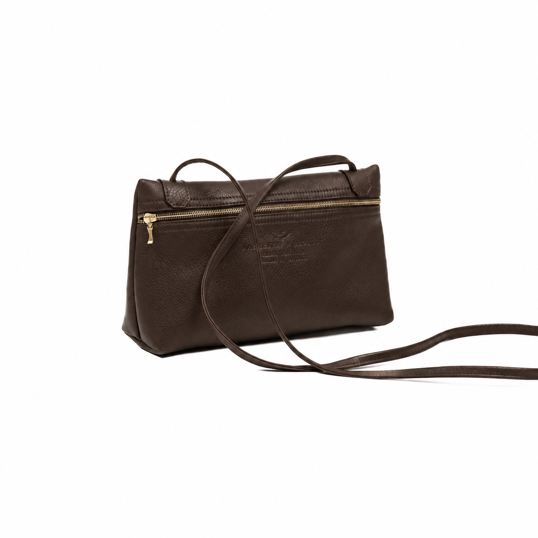 Eversley crossbody in dark brown pebbled leather, rear view