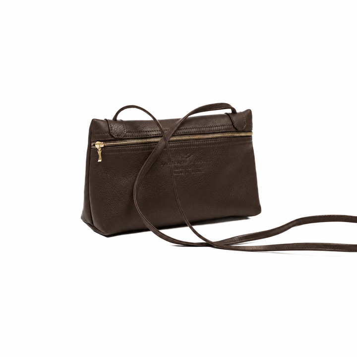 Eversley crossbody in dark brown pebbled leather, rear view