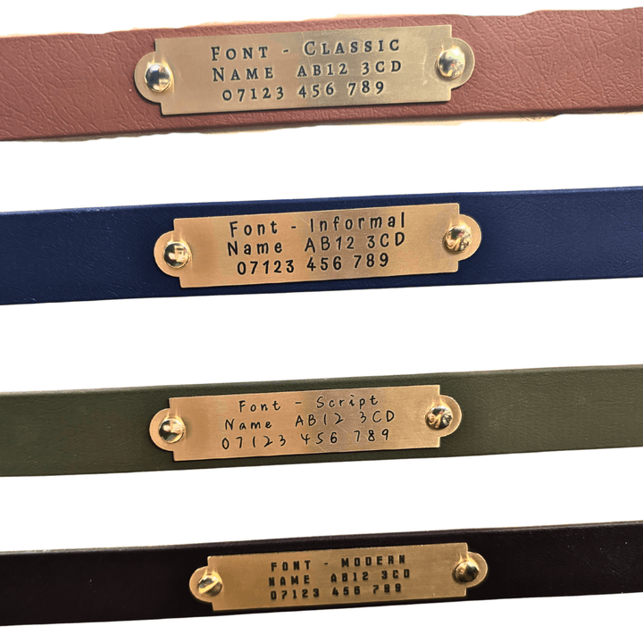Brass dog-collar nameplates showing different engraving fonts