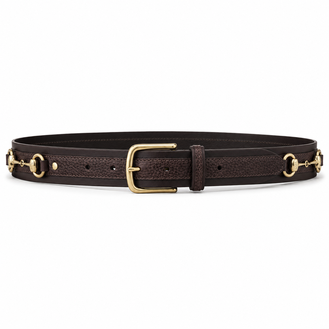 Beaufort dark brown leather belt with gold-tone snaffle fittings