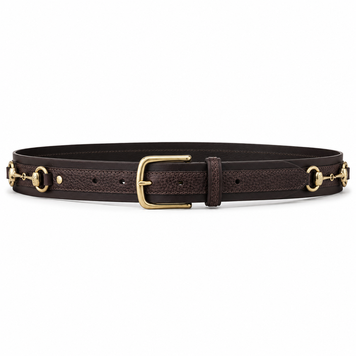Beaufort dark brown leather belt with gold-tone snaffle fittings