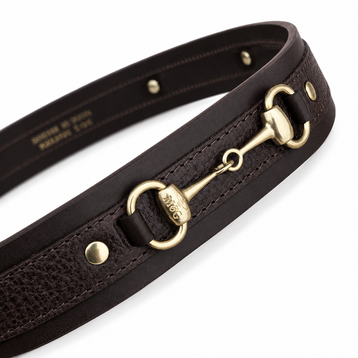 Beaufort dark brown leather belt showing snaffle hardware and lining